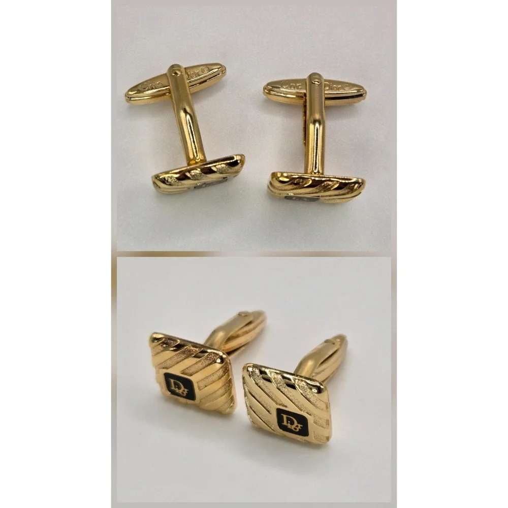 Christian Dior Vintage Mens Gold Tone Black Enamel CD Logo Square Cufflinks